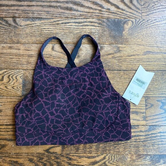 STORI BLACK WITH PURPLE LOGO PATTERN ICON LOW SUPPORT PAD SPORTS BRA NWT- SIZE 6 - Picture 1 of 3